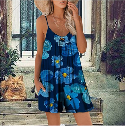 Women's Playsuit – Loose Fit – Spaghetti Straps – Floral Print – With Pockets