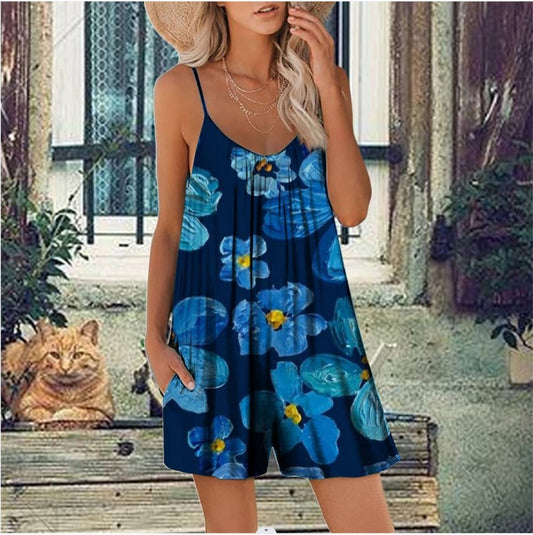 Women's Playsuit – Loose Fit – Spaghetti Straps – Floral Print – With Pockets