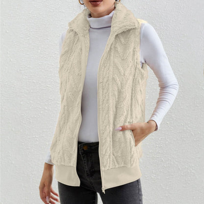 Women's Vest without Sleeves – Jacquard Fleece – Zipper – High Collar – Relaxed Fit