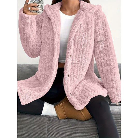 Women's Coat – Oversized Fit – Hood – Ribbed Texture – Soft Teddy Lining – Buttoning
