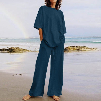 Women's Set – Relaxed Fit Top with O-Neck – Wide Pants with Elastic and Pockets
