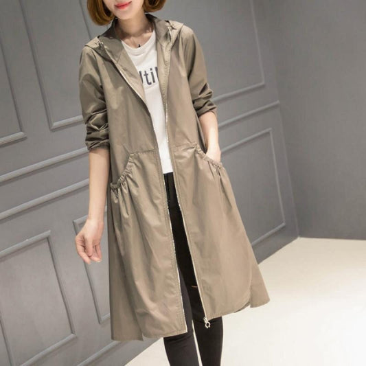 Women's Rain Jacket – Water-Repellent – Hood – Relaxed Fit – Knee-Length – Full Zipper