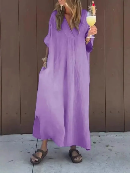 Women's Maxi Dress – Cotton – Loose Fit – V-neck – Short Sleeves with Pockets