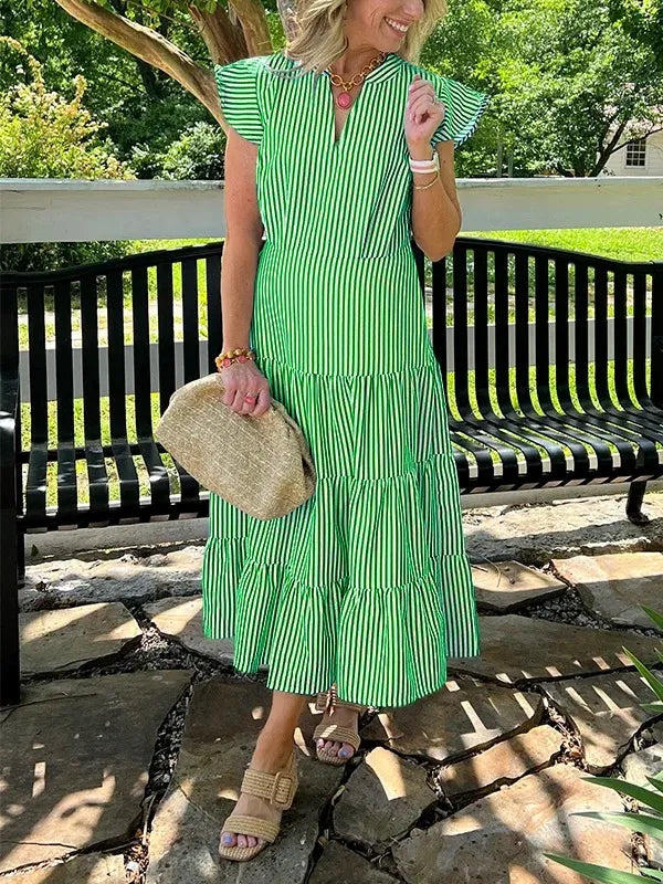 Dress for women – midi – cotton – V-neck – ruffle sleeves – striped – tiered skirt