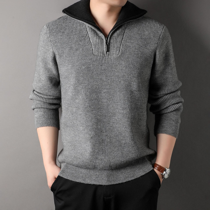 Men's Sweater – Relaxed Fit – Ribbed Knit Wool – High Neck with Zipper