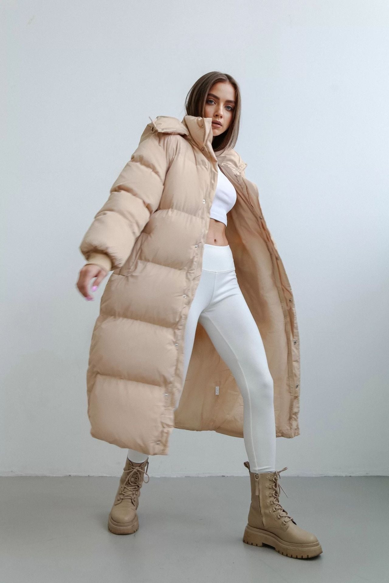Women’s Puffer Coat - Woven - Oversized Fit - Ankle Length - Hooded Stand Collar
