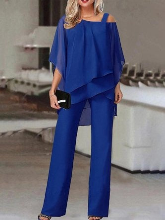 Women's Two-piece Set – Off-shoulder Top with Layered Design – Wide Full-length Pants – Breathable Fabric