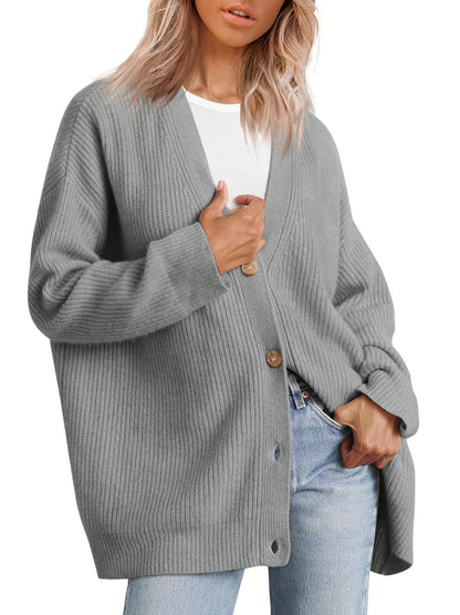 Women's Cardigan – Oversized Fit – Knitted Rib Structure – Button V-Neck