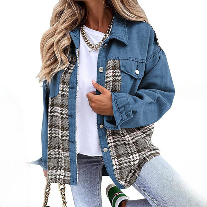 Women's Jacket – Relaxed Fit – Wool Blend Check Panel – Button Closure – Hip Length