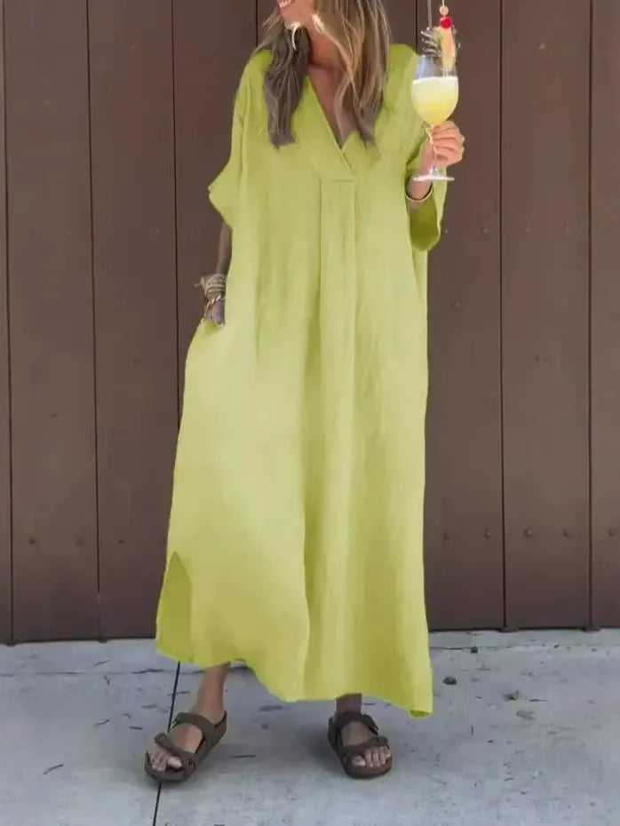Women's Maxi Dress – Cotton – Loose Fit – V-neck – Short Sleeves with Pockets