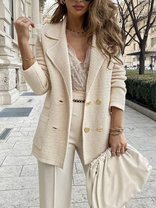 Women's Jacket Coat – Tailored Fit – Ribbed Texture – Double-Breasted – Collar
