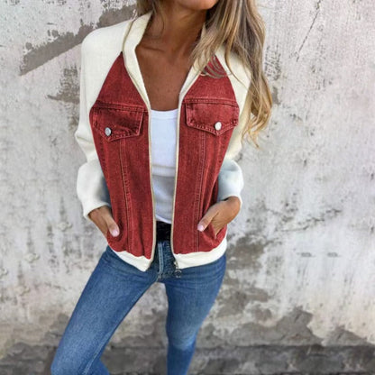 Women's Jacket in Denim – Relaxed Fit – Patchwork Design – Long Sleeves – Button Closure