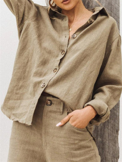 Women's Shirt – Loose Fit – Cotton Linen – Long Sleeve – Buttons – Collar
