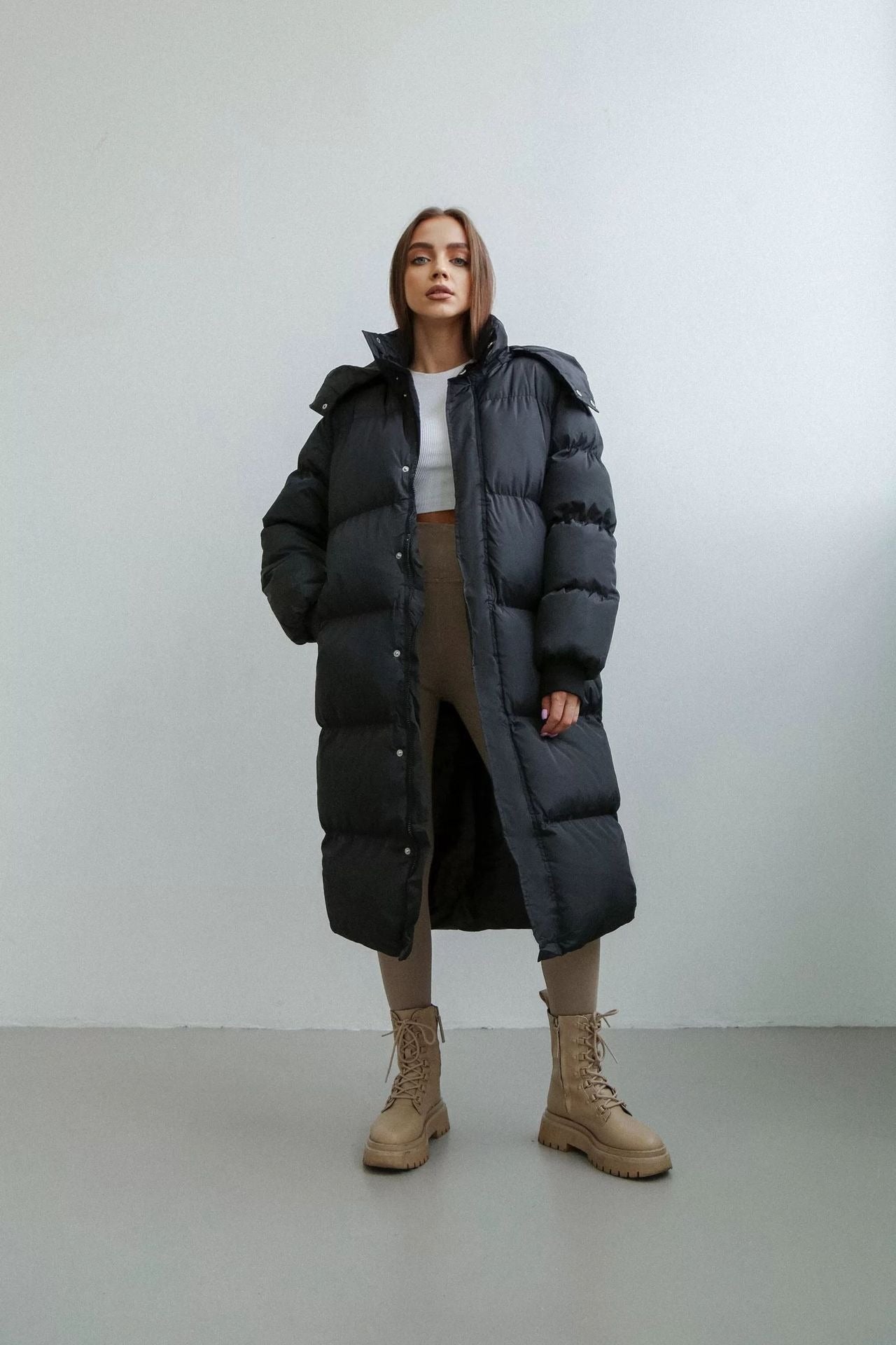 Women’s Puffer Coat - Woven - Oversized Fit - Ankle Length - Hooded Stand Collar