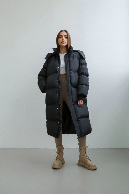 Women’s Puffer Coat - Woven - Oversized Fit - Ankle Length - Hooded Stand Collar