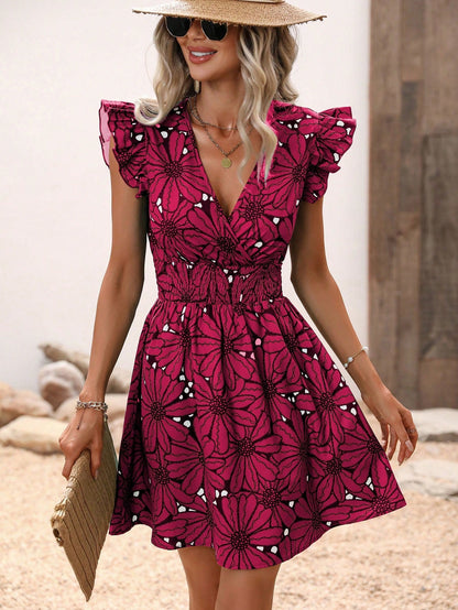 Dress for Women – A-line Fit – V-neck – Floral Pattern – Sleeveless with Ruffle