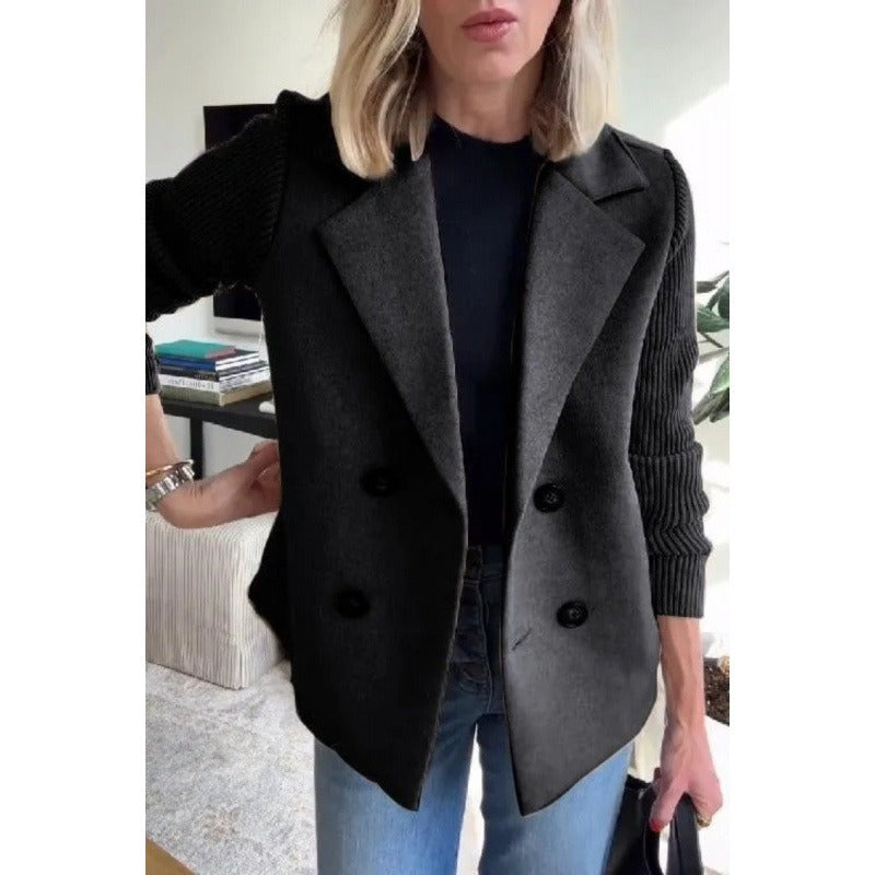 Women's Wool Coat – Tailored Fit – Double-Breasted – Ribbed Sleeves – Lapels