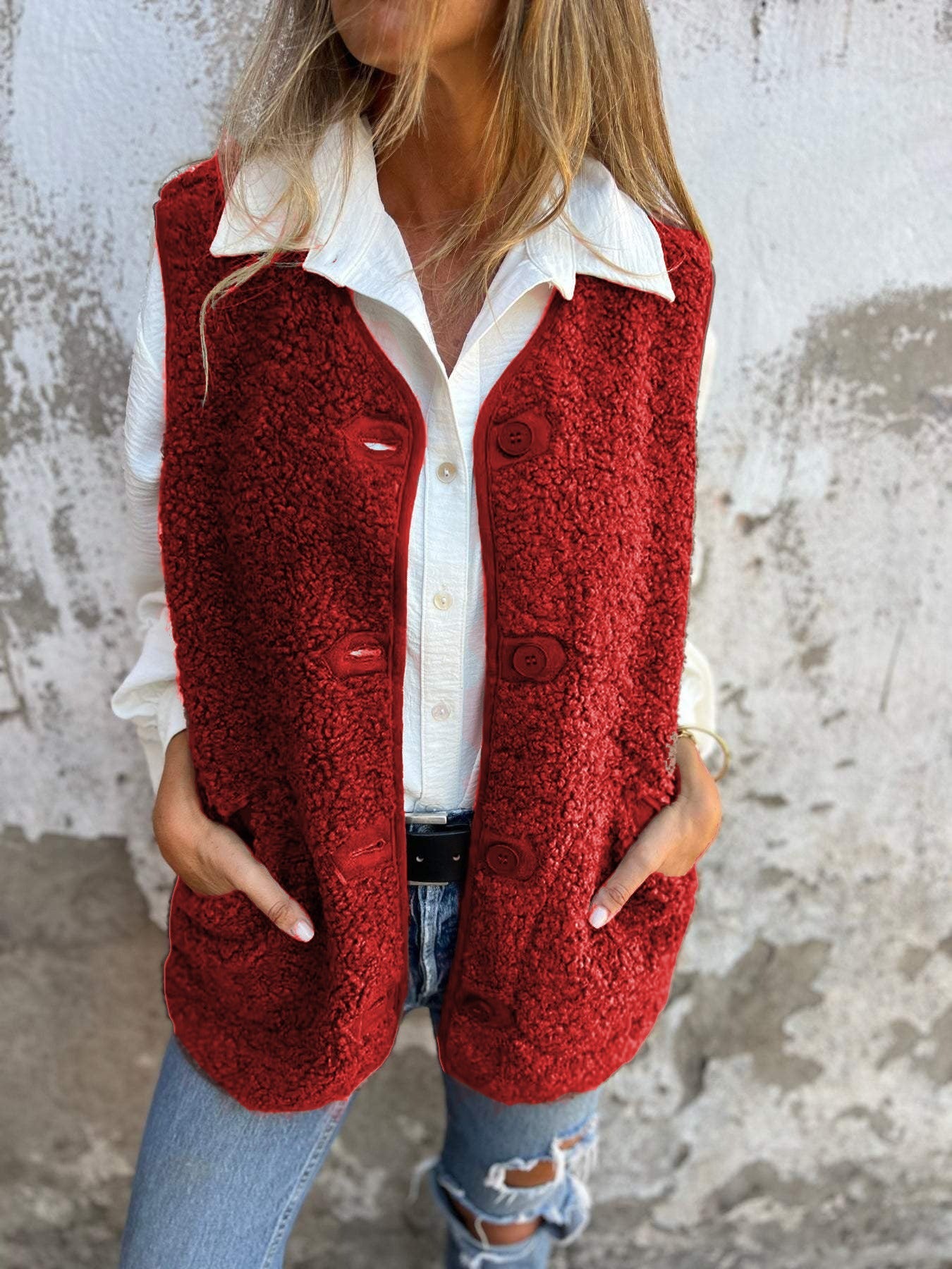 Women's Vest – Shearling Fleece – Relaxed Fit – Button Opening – Soft and Warm