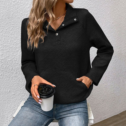 Women's Sweater – Quilted Fabric – Relaxed Fit – High Collar with Buttons