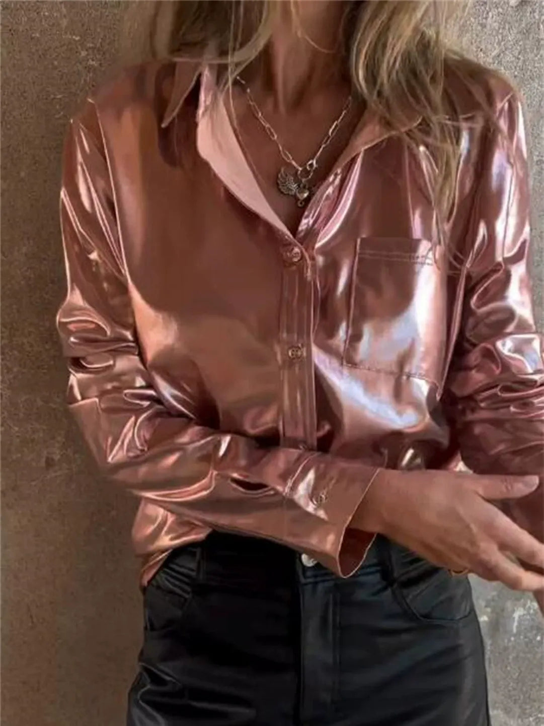 Women's Shirt – Faux Leather – Relaxed Fit – Long Sleeves – Chest Pocket