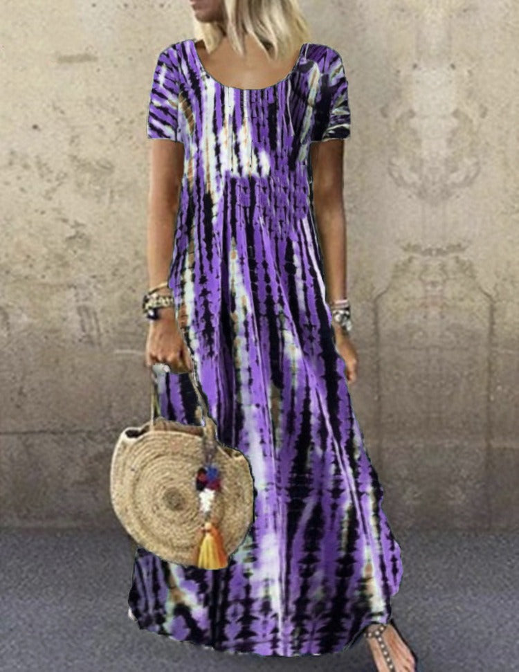 Women's Maxi Dress – Tie-Dye Pattern – Loose Fit – Short Sleeve – Breathable Cotton
