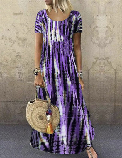 Women's Maxi Dress – Tie-Dye Pattern – Loose Fit – Short Sleeve – Breathable Cotton