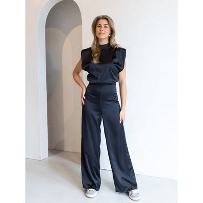 Women's jumpsuit – satin look – sleeveless – high neck – open back – wide legs