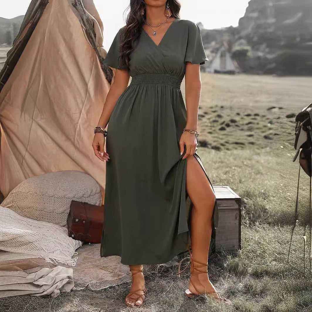 Dress for Women – Slim Fit – V-Neck – Trumpet Sleeves – Elastic Waist – Split Skirt