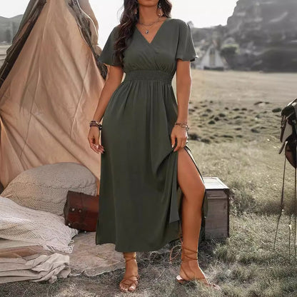 Dress for Women – Slim Fit – V-Neck – Trumpet Sleeves – Elastic Waist – Split Skirt