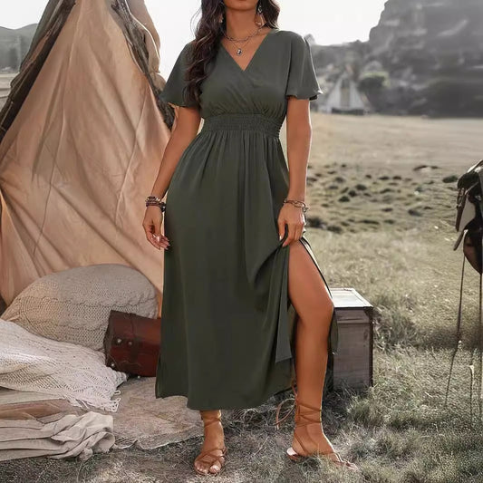 Dress for Women – Slim Fit – V-Neck – Trumpet Sleeves – Elastic Waist – Split Skirt