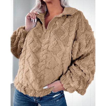 Women's Sweater with Half Zipper – Plush Fleece – Oversized Fit – Stand Collar
