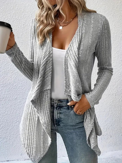 Women's Cardigan – Wool Blend – Relaxed Fit – Ribbed Knit – Open Draped Front