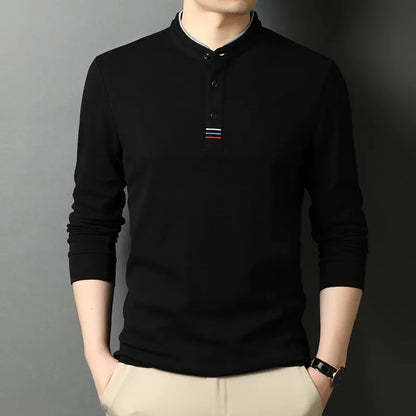Men's Long-Sleeve T-Shirt – Cotton – Regular Fit – Stand Collar – Button Opening