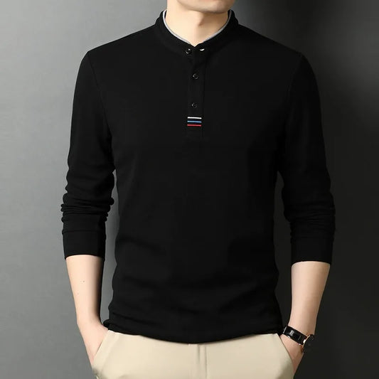 Men's Long-Sleeve T-Shirt – Cotton – Regular Fit – Stand Collar – Button Opening