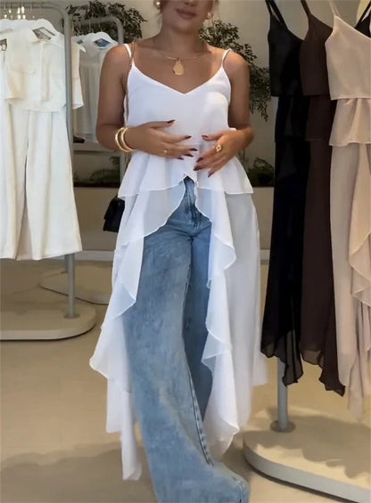 Dress for Women – V-neck – Ruffled Layers – Asymmetrical Cut – Spaghetti Straps – Light and Airy
