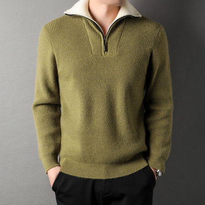 Men's Sweater – Relaxed Fit – Ribbed Knit Wool – High Neck with Zipper