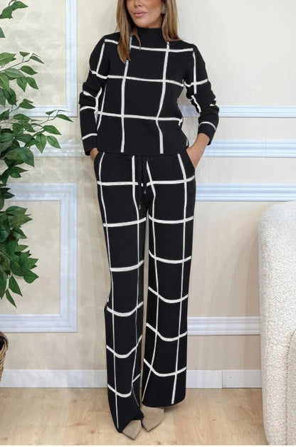Women's Two-Piece Set – Knitted Check Pattern – Relaxed Fit – Wide Legs – Drawstring