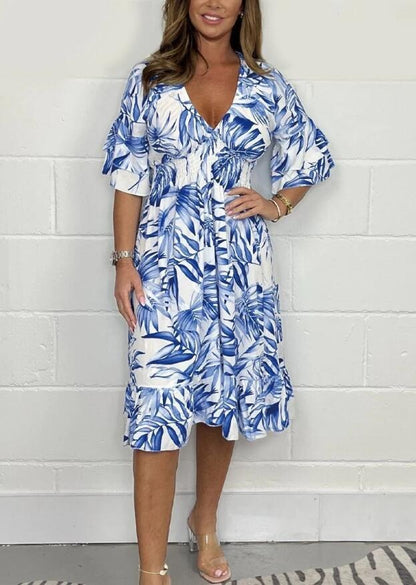 Dress for Women – Midi Length – Loose Fit – High Waist – Floral Print – V-Neck – Ruffle Sleeves