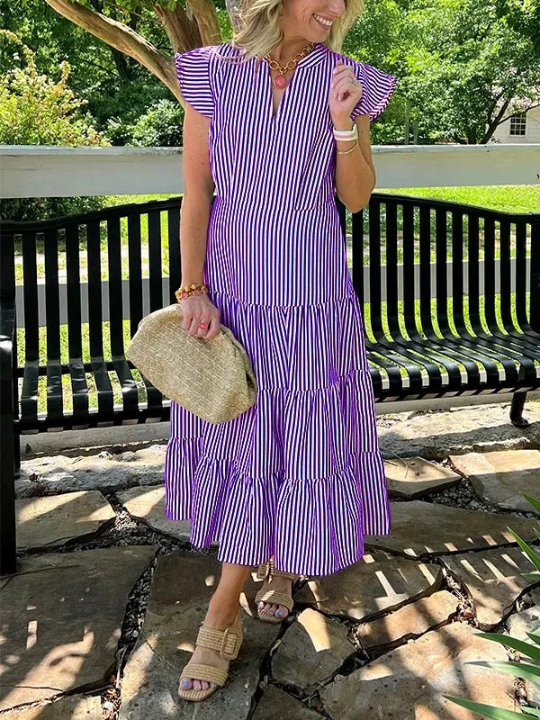 Dress for women – midi – cotton – V-neck – ruffle sleeves – striped – tiered skirt