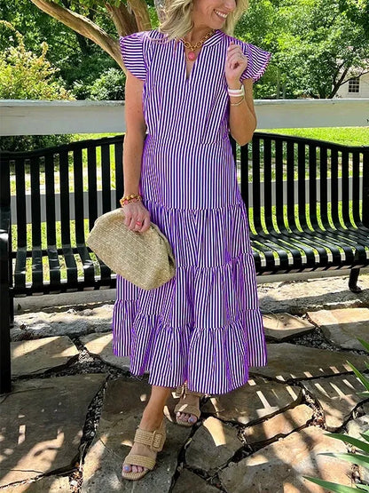Dress for women – midi – cotton – V-neck – ruffle sleeves – striped – tiered skirt
