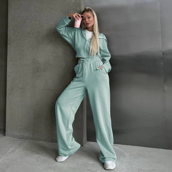 Women's Loungewear Set – Zip-Up Hoodie – Wide Pants – Soft Cotton Blend