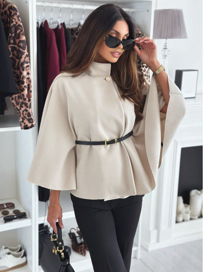 Women's Cape Coat – Wool Blend – Tailored Fit – Belt – High Neck Elegant Design