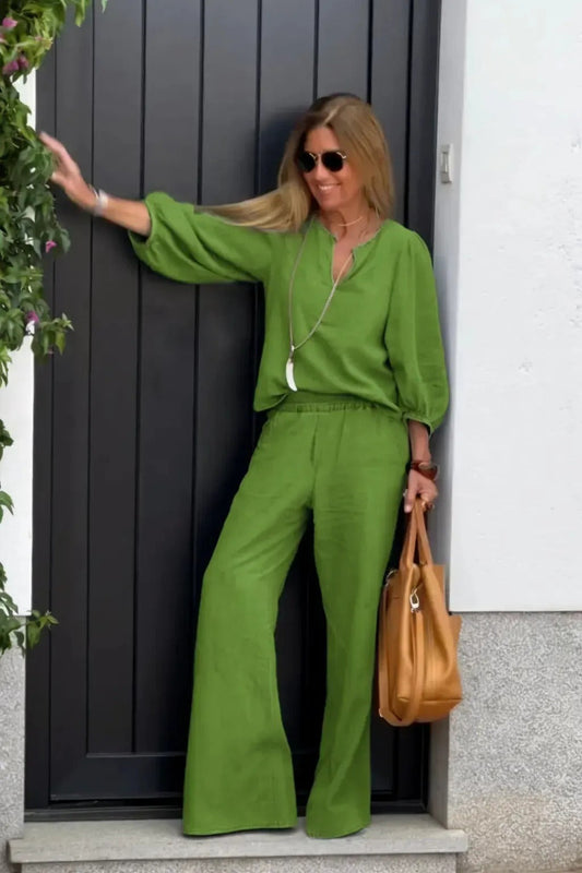 Women's Set with Top and Pants – Linen and Cotton – Wide Pants – V-neck – Relaxed Fit