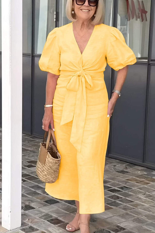 Dress for Women – Midi Length – V-Neck – Waist Tie – Puff Sleeves – Cotton