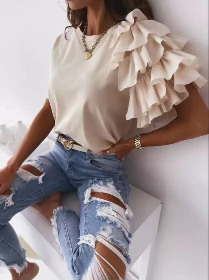Women's T-shirt – Cotton Blend – Asymmetric Ruffle – Short Sleeve – Relaxed Fit