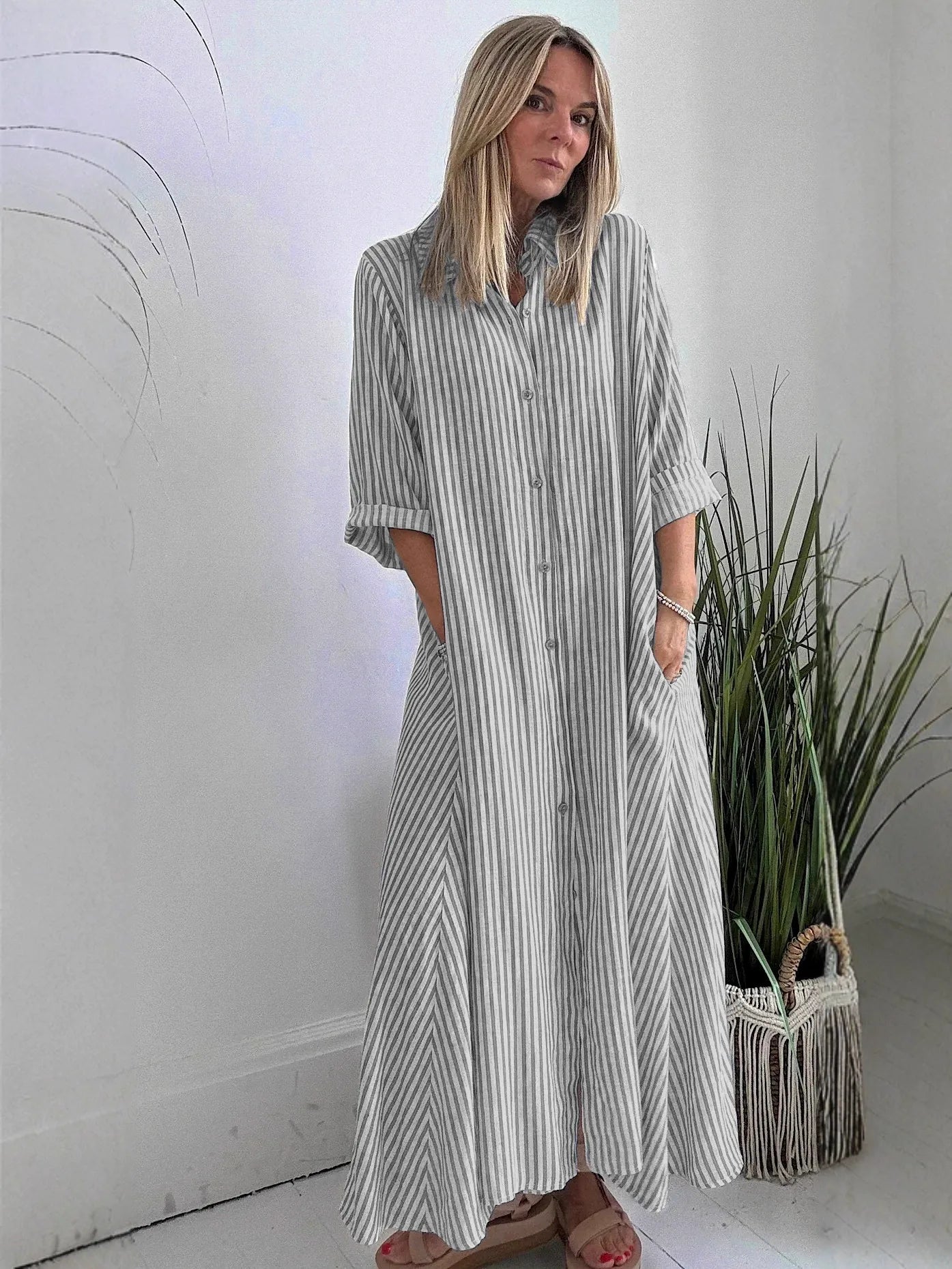 Women's Maxi Dress – Striped – Loose Fit – Button Closure – 3/4 Sleeves – Cotton Blend