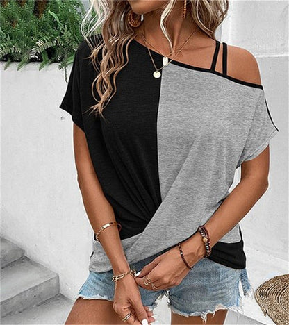 Women's T-shirt – Relaxed fit – Off shoulder with strap – Cotton – Color-block design