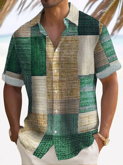 Men's Shirt with Short Sleeves – Relaxed Fit – Linen and Cotton – Patchwork Design