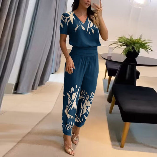 Women's Set with V-Neck Top and Tapered Pants – Relaxed Fit – Breathable Fabric