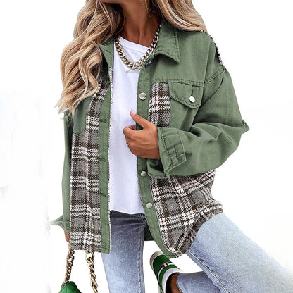 Women's Jacket – Relaxed Fit – Wool Blend Check Panel – Button Closure – Hip Length